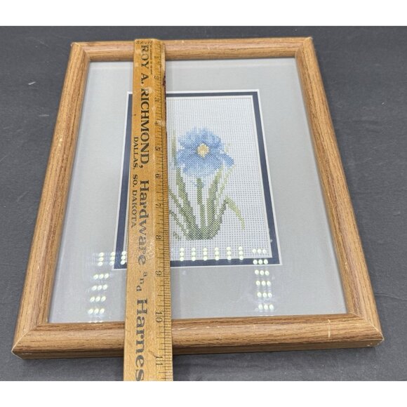Vintage Cross Stitch Matted And Framed Blue Iris Flower - Picture 2 of 4